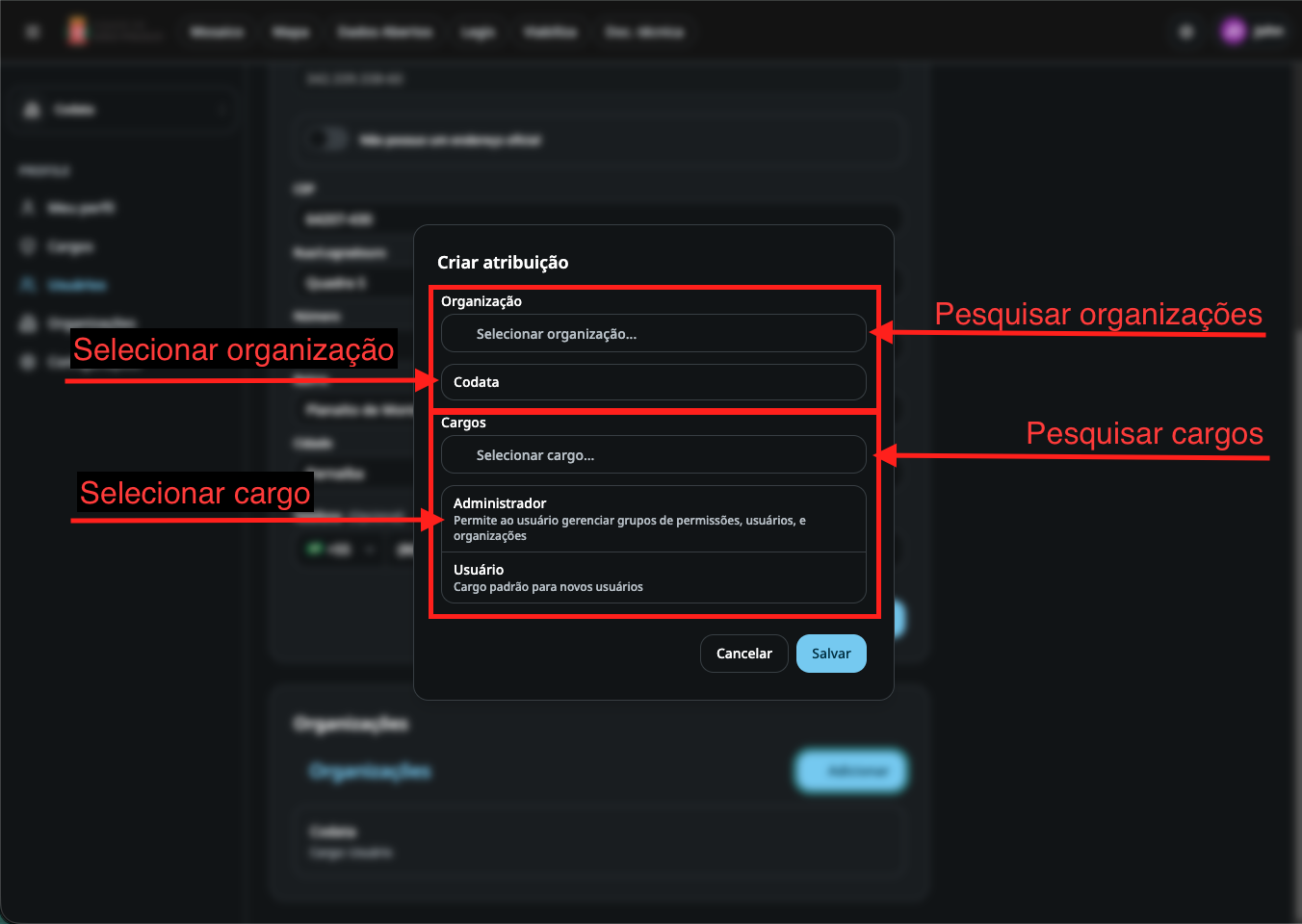 Modal de adicionar organização