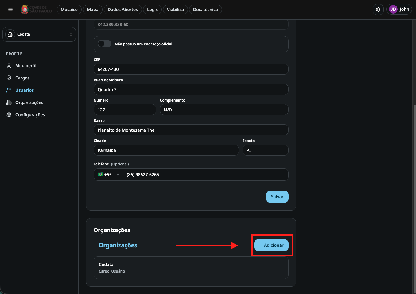 Adicionar organização